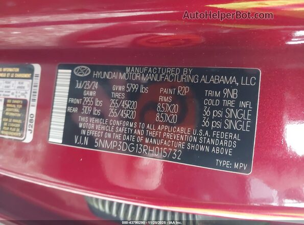 5NMP3DG13RH015732 2024 HYUNDAI SANTA FE HYBRID Красный Вид подкапотного пространства