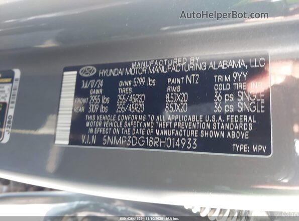 5NMP3DG18RH014933 2024 HYUNDAI SANTA FE HYBRID Серый Вид подкапотного пространства