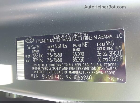 5NMP44GL9RH066960 2024 HYUNDAI SANTA FE Gray ძრავის განყოფილების ხედი