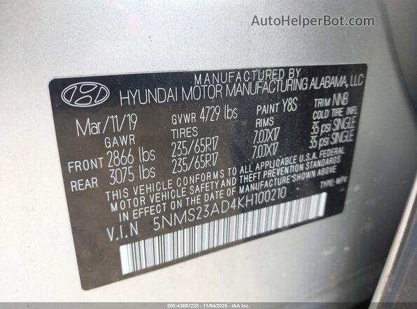 5NMS23AD4KH100210 2019 HYUNDAI SANTA FE Серебряный Вид подкапотного пространства