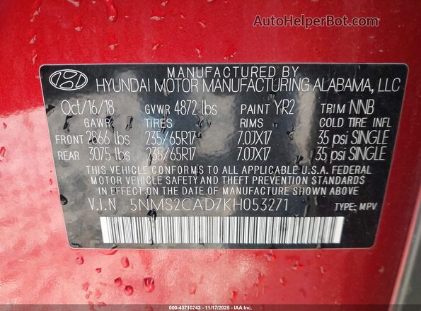 5NMS2CAD7KH053271 2019 HYUNDAI SANTA FE Красный Вид подкапотного пространства