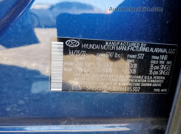 5NMS2DAJ0PH485302 2023 HYUNDAI SANTA Blue Widok naklejki z numerem VIN