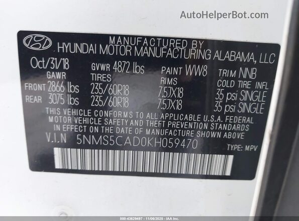5NMS5CAD0KH059470 2019 HYUNDAI SANTA FE Белый Вид подкапотного пространства