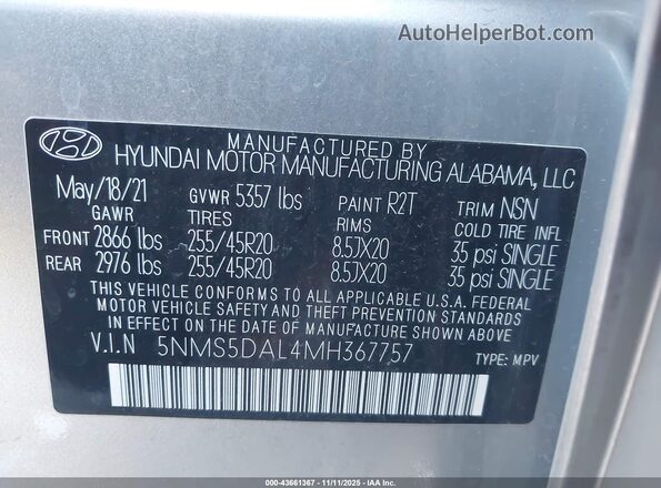 5NMS5DAL4MH367757 2021 HYUNDAI SANTA FE CALLIGRAPHY Silver Widok komory silnika