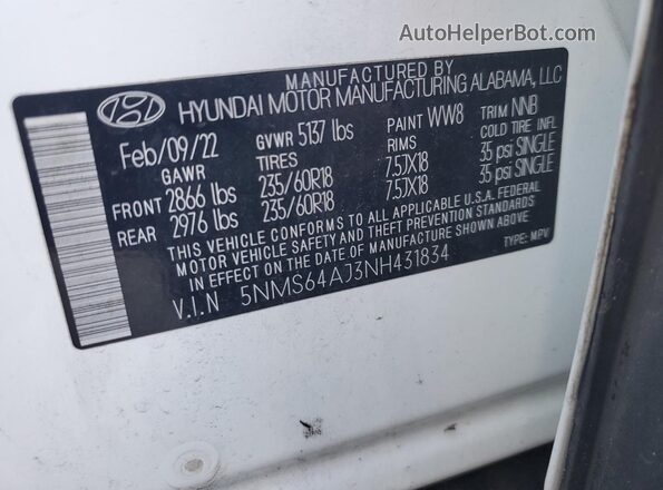 5NMS64AJ3NH431834 2022 HYUNDAI SANTA Белый Панорамный вид салона 360°