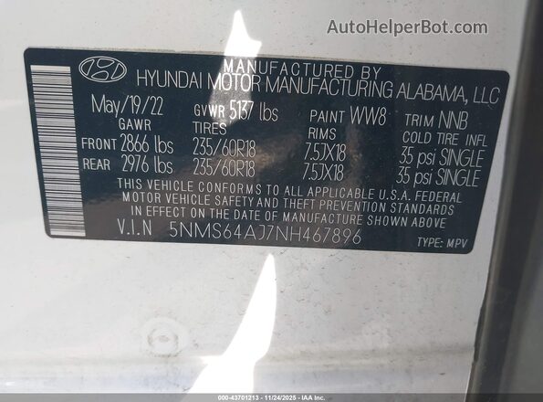 5NMS64AJ7NH467896 2022 HYUNDAI SANTA FE Белый Вид подкапотного пространства