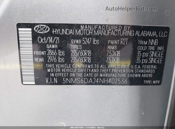 5NMS6DAJ4NH402536 2022 HYUNDAI SANTA FE Серебряный Вид подкапотного пространства