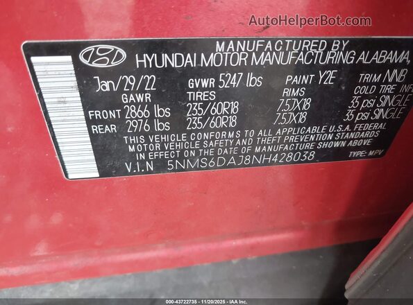 5NMS6DAJ8NH428038 2022 HYUNDAI SANTA FE Красный Вид подкапотного пространства