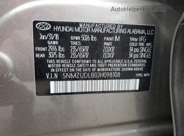 5NMZUDLB0JH098108 2018 HYUNDAI SANTA Серый Вид наклейки с VIN-кодом