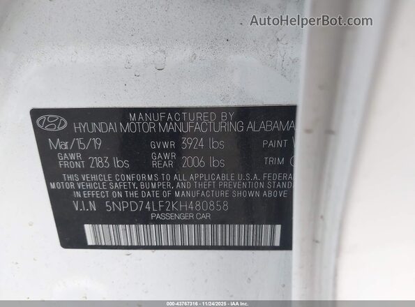 5NPD74LF2KH480858 2019 HYUNDAI ELANTRA White Շարժիչի բաժամունքի տեսք