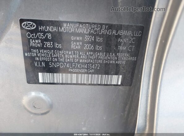 5NPD74LF7KH415472 2019 HYUNDAI ELANTRA Gray Vista del compartimento del motor