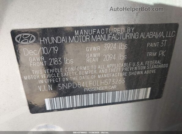 5NPD84LF0LH573263 2020 HYUNDAI ELANTRA Silver Vista del compartimento del motor