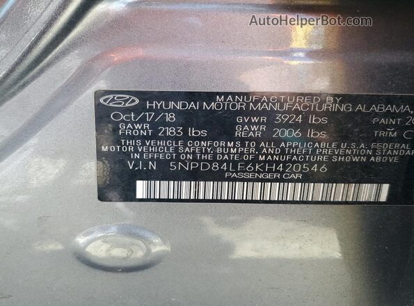 5NPD84LF6KH420546 2019 HYUNDAI ELANTRA Угольный Вид подкапотного пространства