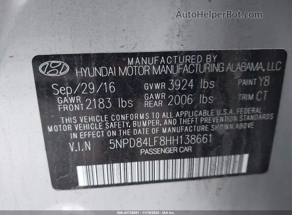 5NPD84LF8HH138661 2017 HYUNDAI ELANTRA Silver Շարժիչի բաժամունքի տեսք