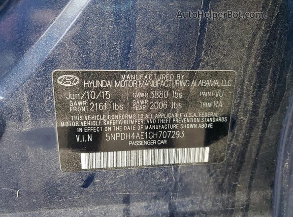 5NPDH4AE1GH707293 2016 HYUNDAI ELANTRA Синий Вид наклейки с VIN-кодом