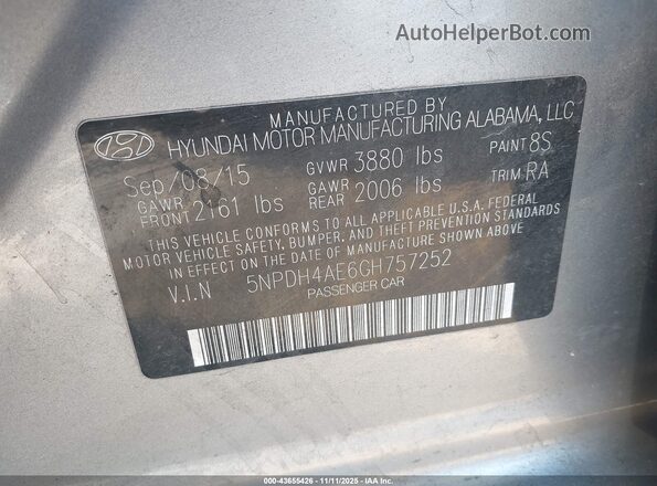 5NPDH4AE6GH757252 2016 HYUNDAI ELANTRA Silver Vista del compartimento del motor