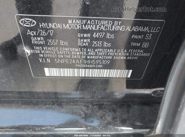 5NPE24AF1HH595109 2017 HYUNDAI SONATA Черный Вид подкапотного пространства