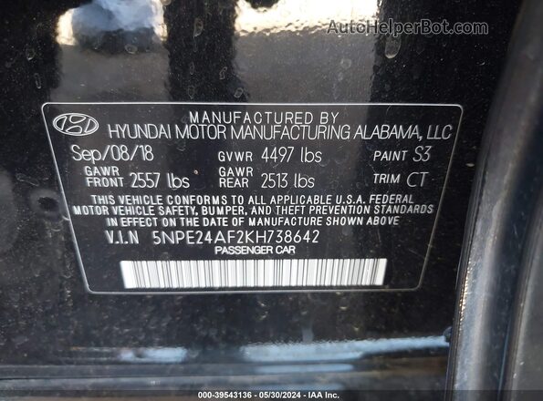 5NPE24AF2KH738642 2019 HYUNDAI SONATA Черный Вид подкапотного пространства