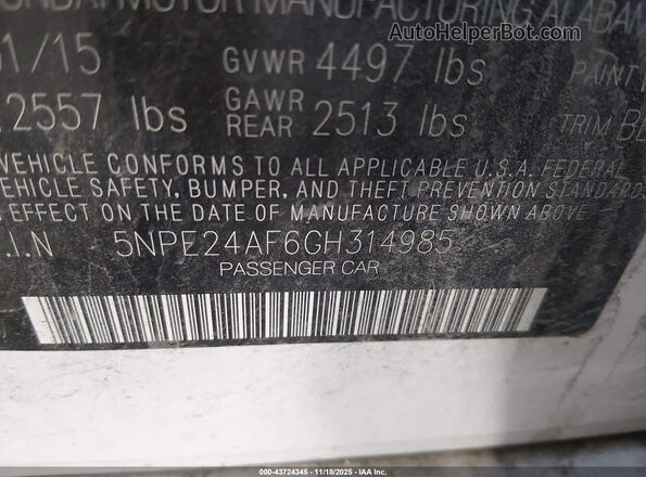 5NPE24AF6GH314985 2016 HYUNDAI SONATA Белый Вид подкапотного пространства