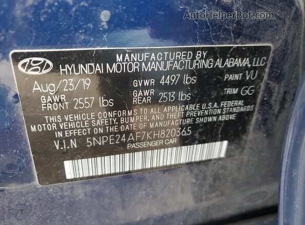 5NPE24AF7KH820365 2019 HYUNDAI SONATA Blue Widok komory silnika