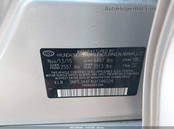 5NPE34AF4GH346024 2016 HYUNDAI SONATA Серебряный Вид подкапотного пространства