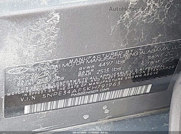 5NPE34AF5KH791963 2019 HYUNDAI SONATA Gray Widok komory silnika