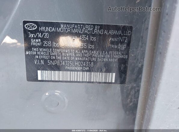 5NPEJ4J25LH024358 2020 HYUNDAI SONATA Gray Widok komory silnika
