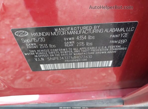 5NPEJ4J27MH072610 2021 HYUNDAI SONATA Red Vista del compartimento del motor