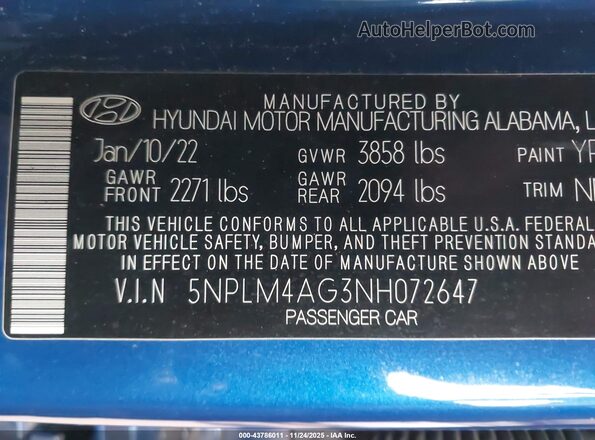 5NPLM4AG3NH072647 2022 HYUNDAI ELANTRA Синий Вид подкапотного пространства