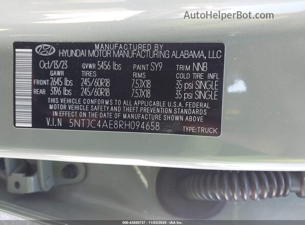 5NTJC4AE8RH094658 2024 HYUNDAI SANTA CRUZ Green Vista del compartimento del motor