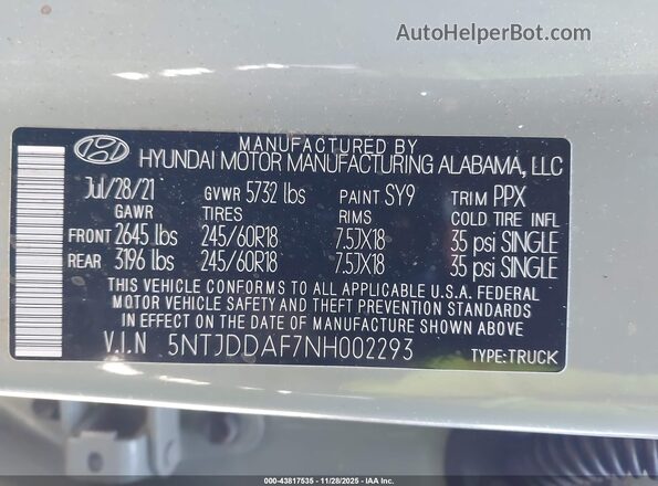 5NTJDDAF7NH002293 2022 HYUNDAI SANTA CRUZ Cream ძრავის განყოფილების ხედი