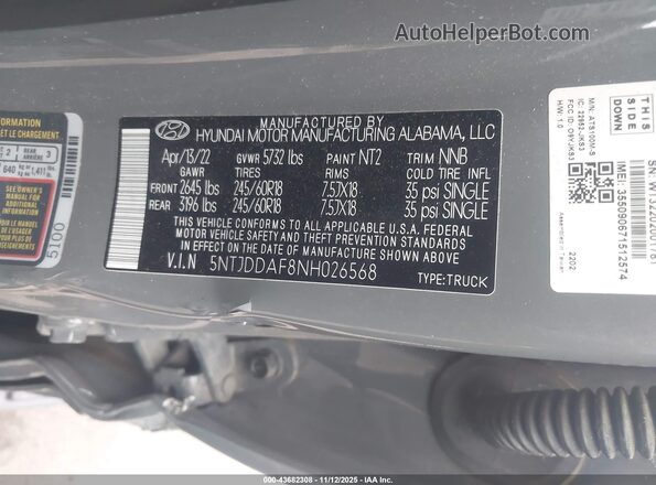 5NTJDDAF8NH026568 2022 HYUNDAI SANTA CRUZ Gray Շարժիչի բաժամունքի տեսք