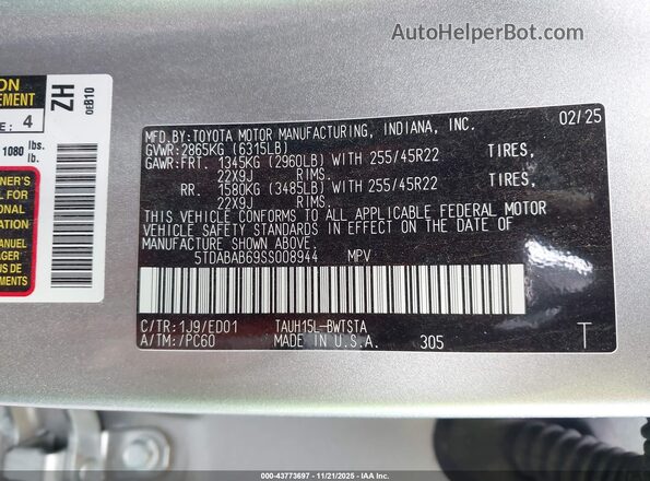 5TDABAB69SS008944 2025 LEXUS TX 500H Silver Vista del compartimento del motor