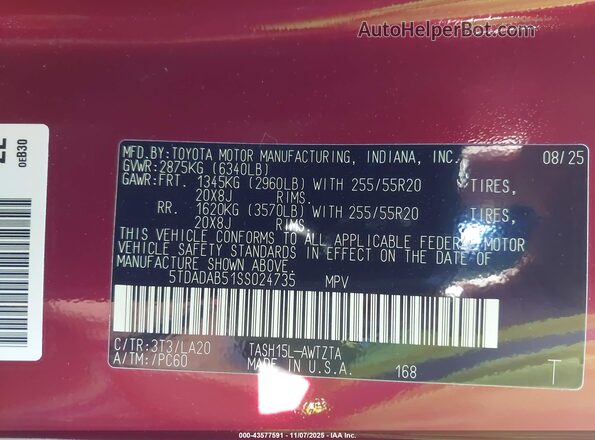 5TDADAB51SS024735 2025 TOYOTA HIGHLANDER HYBRID Красный Вид подкапотного пространства
