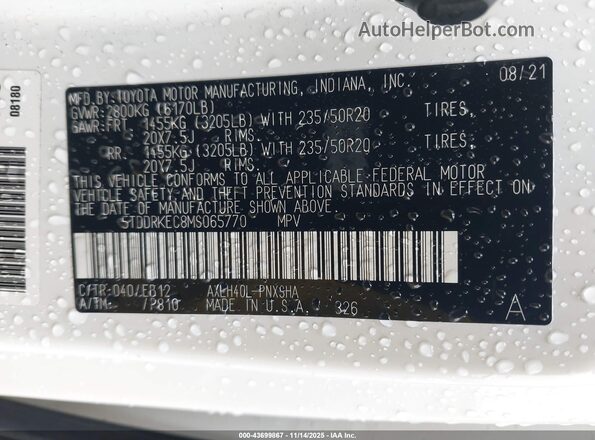 5TDDRKEC8MS065770 2021 TOYOTA SIENNA White Engine compartment view