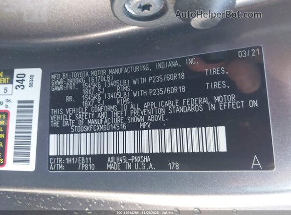 5TDDSKFCXMS014516 2021 TOYOTA SIENNA Gray Շարժիչի բաժամունքի տեսք