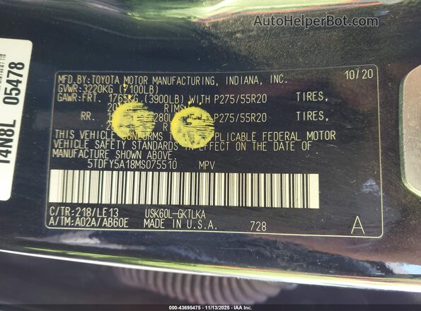 5TDFY5A18MS075510 2021 TOYOTA LIMITED Черный Вид подкапотного пространства