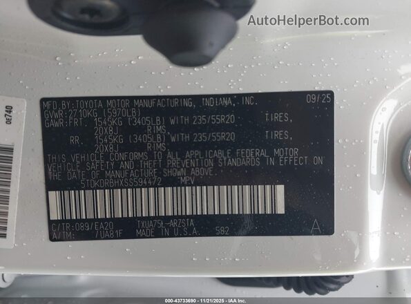 5TDKDRBHXSS594472 2025 TOYOTA HIGHLANDER Белый Вид подкапотного пространства