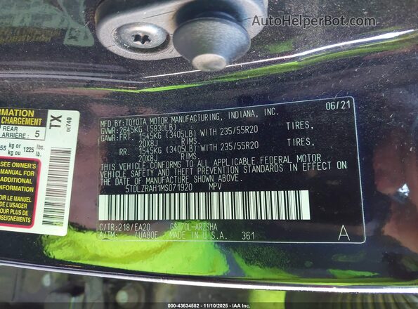 5TDLZRAH1MS071920 2021 TOYOTA HIGHLANDER Черный Вид подкапотного пространства