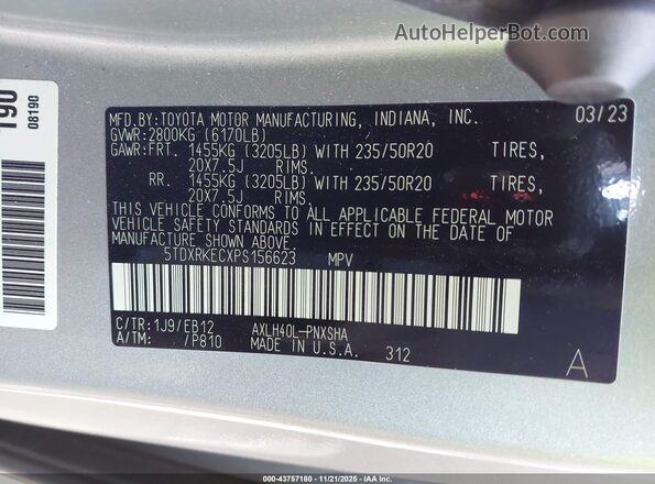 5TDXRKECXPS156623 2023 TOYOTA SIENNA Серебряный Вид наклейки с VIN-кодом