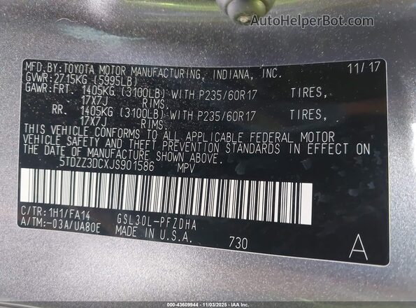 5TDZZ3DCXJS901586 2018 TOYOTA SIENNA Серый Вид подкапотного пространства