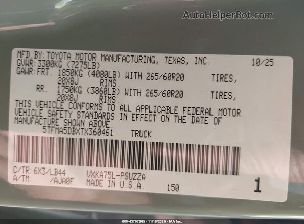 5TFMA5DBXTX360461 2026 TOYOTA TUNDRA Turquoise Vista del compartimento del motor