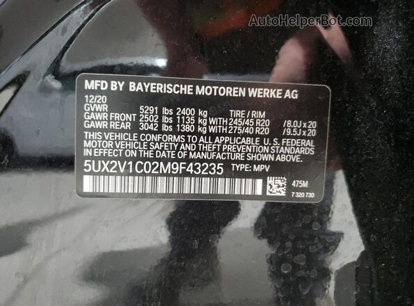 5UX2V1C02M9F43235 2021 BMW X4 Черный Вид наклейки с VIN-кодом