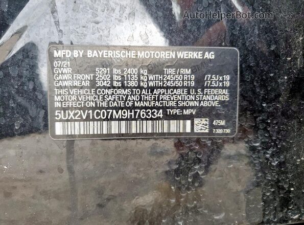 5UX2V1C07M9H76334 2021 BMW X4 Черный Вид наклейки с VIN-кодом