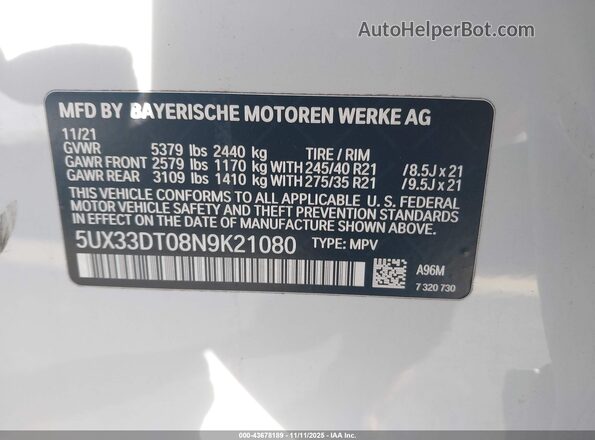 5UX33DT08N9K21080 2022 BMW X4 Белый Вид подкапотного пространства