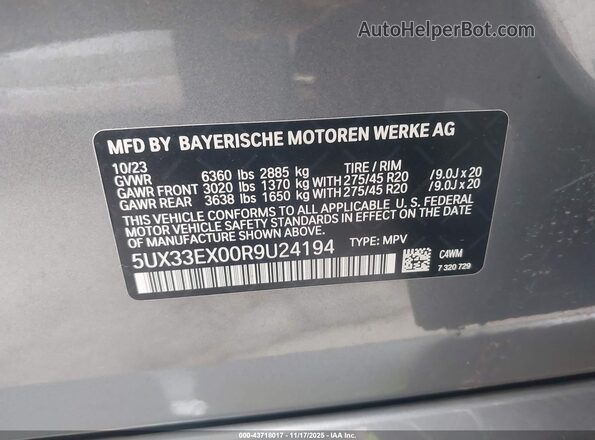 5UX33EX00R9U24194 2024 BMW X6 Серый Вид подкапотного пространства