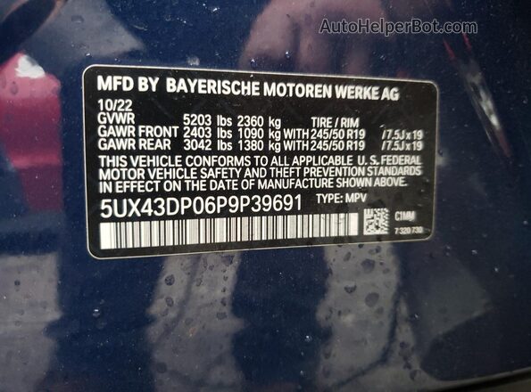 5UX43DP06P9P39691 2023 BMW X3 Синий Вид наклейки с VIN-кодом