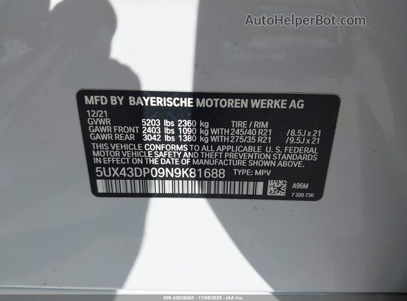 5UX43DP09N9K81688 2022 BMW X3 Белый Вид подкапотного пространства