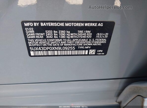 5UX43DP0XN9L09255 2022 BMW X3 Серый Вид подкапотного пространства