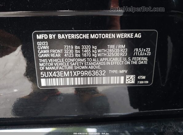 5UX43EM1XP9R63632 2023 BMW OTHER Черный Вид подкапотного пространства
